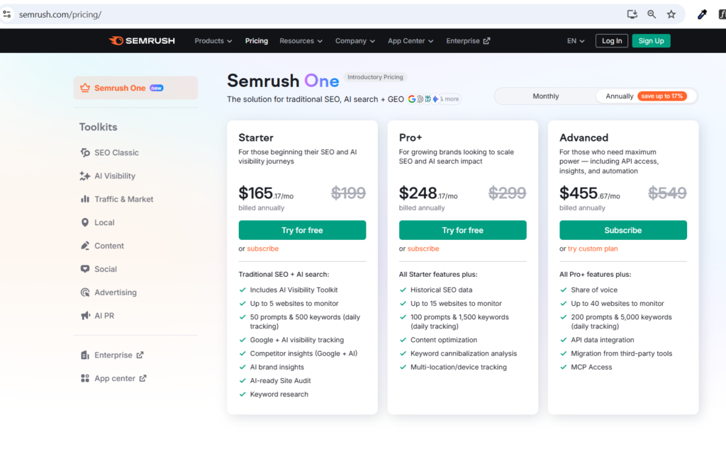Semrush Plans Screenshot