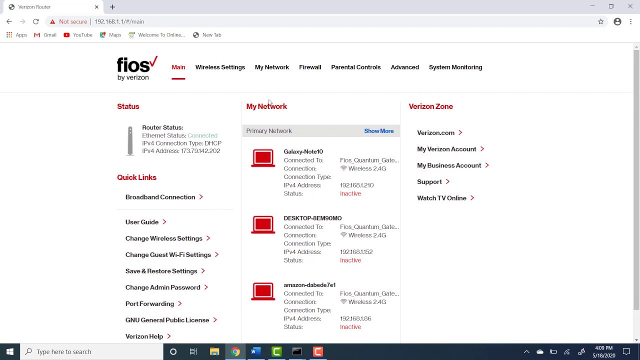 Verizon Fios router configuration -For remote desktop